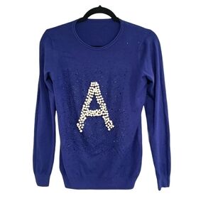 Blue Long Sleeve Faux Pearls Embellished Letter A Pullover Sweatshirt